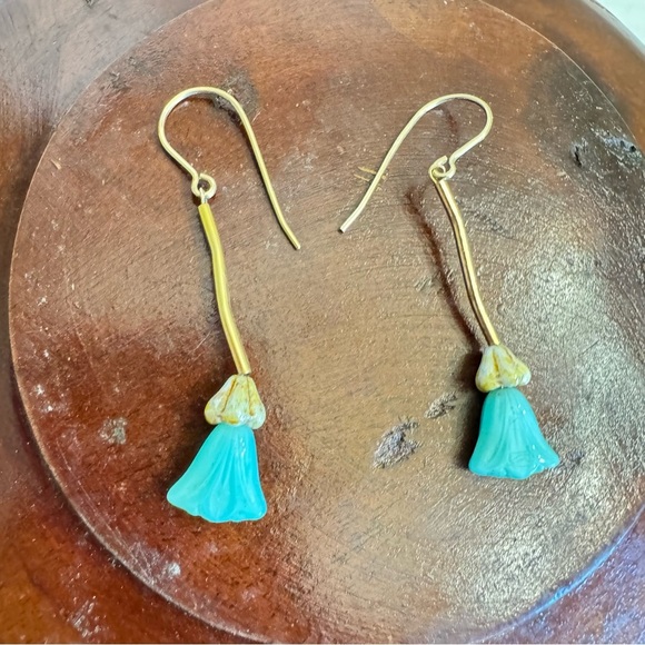 Natural Turquoise Tulip Dangle Earrings 14K Yellow Gold Filled - Picture 15 of 15